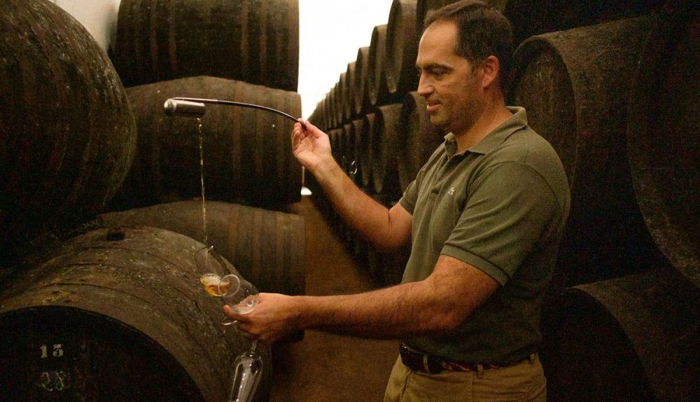 José Manuel Sánchez, venencia amontillado en el interior de la bodega de la cooperativa Virgen de Palomares, ya considerada como zona de crianza del jerez. FOTO: MANU GARCÍA